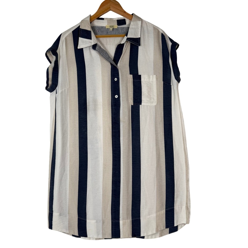 Kori America Shirt Dress Large Blue Cream Striped Button Down Short Sleeve